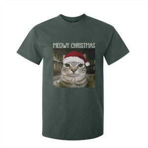 Meowy Christmas T Shirt For Kid Xmas Silly Staring Cat Meme Santa Hat TS10 Dark Forest Green Print Your Wear