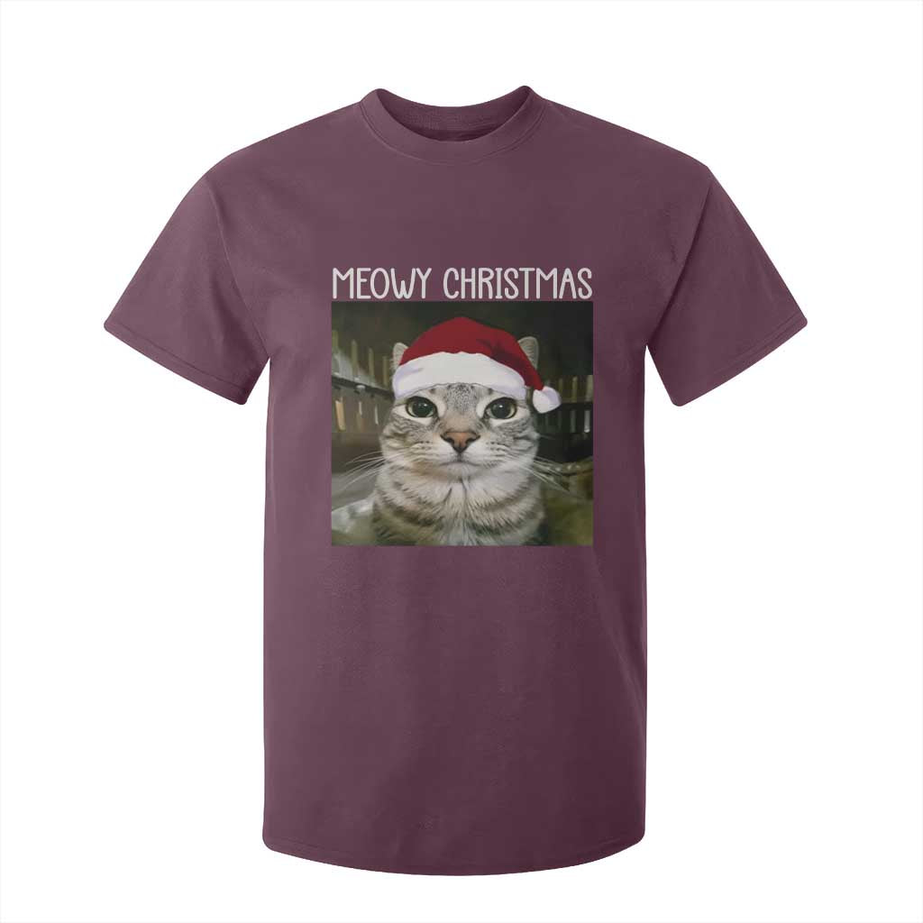 Meowy Christmas T Shirt For Kid Xmas Silly Staring Cat Meme Santa Hat TS10 Maroon Print Your Wear