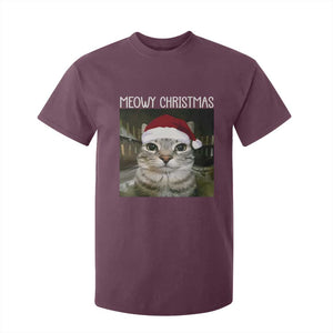 Meowy Christmas T Shirt For Kid Xmas Silly Staring Cat Meme Santa Hat TS10 Maroon Print Your Wear