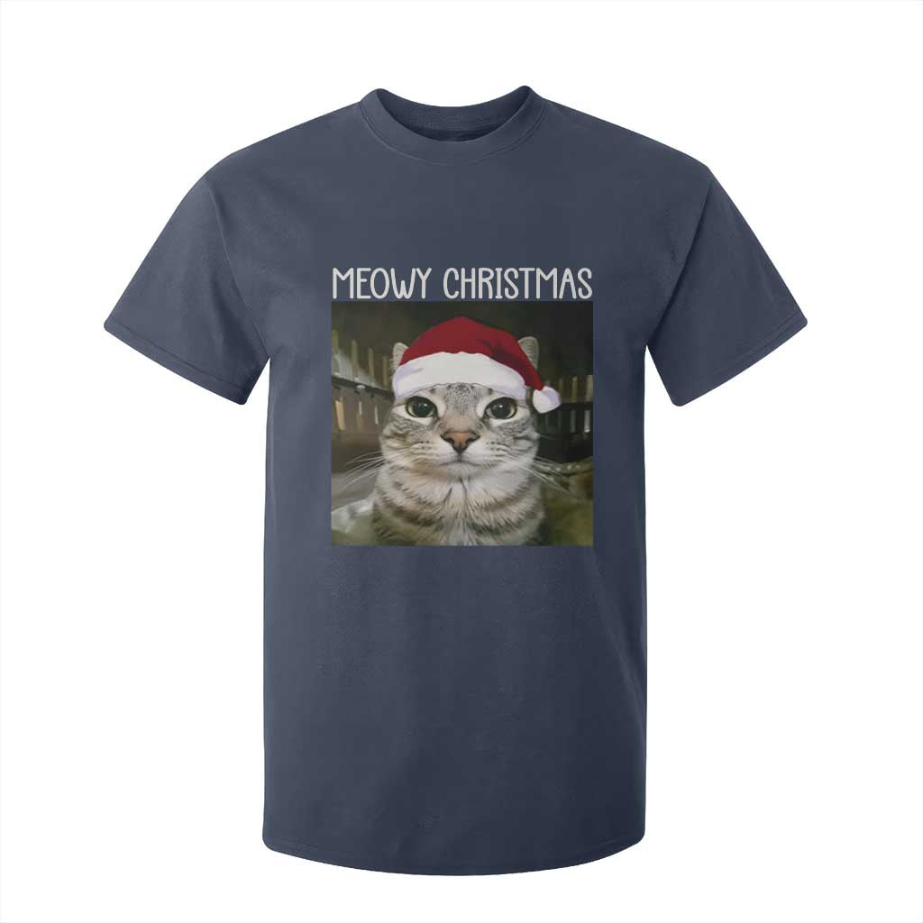 Meowy Christmas T Shirt For Kid Xmas Silly Staring Cat Meme Santa Hat TS10 Navy Print Your Wear