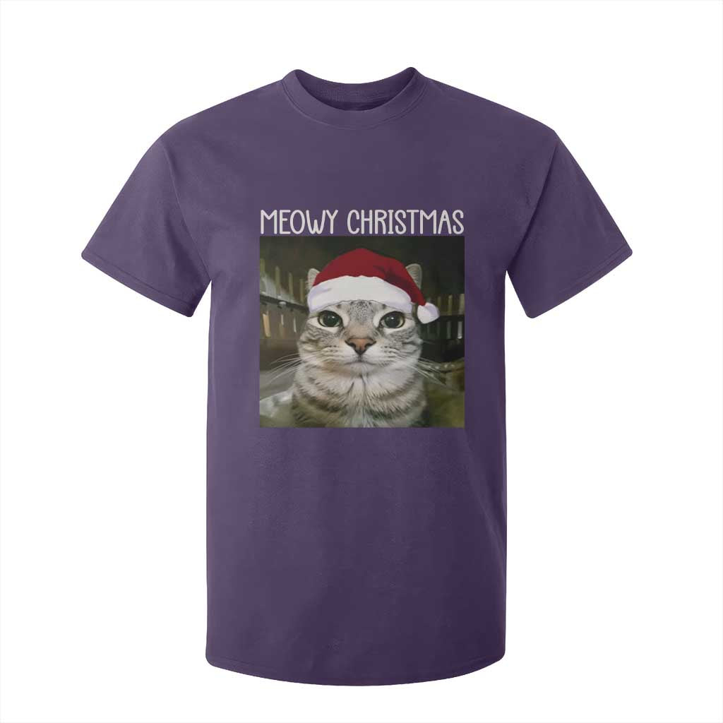 Meowy Christmas T Shirt For Kid Xmas Silly Staring Cat Meme Santa Hat TS10 Purple Print Your Wear