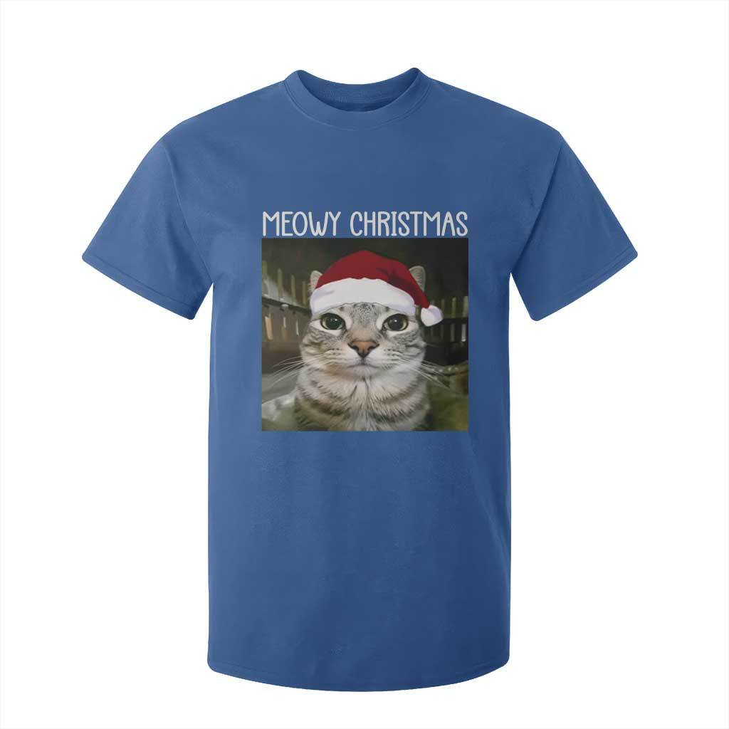 Meowy Christmas T Shirt For Kid Xmas Silly Staring Cat Meme Santa Hat TS10 Royal Blue Print Your Wear