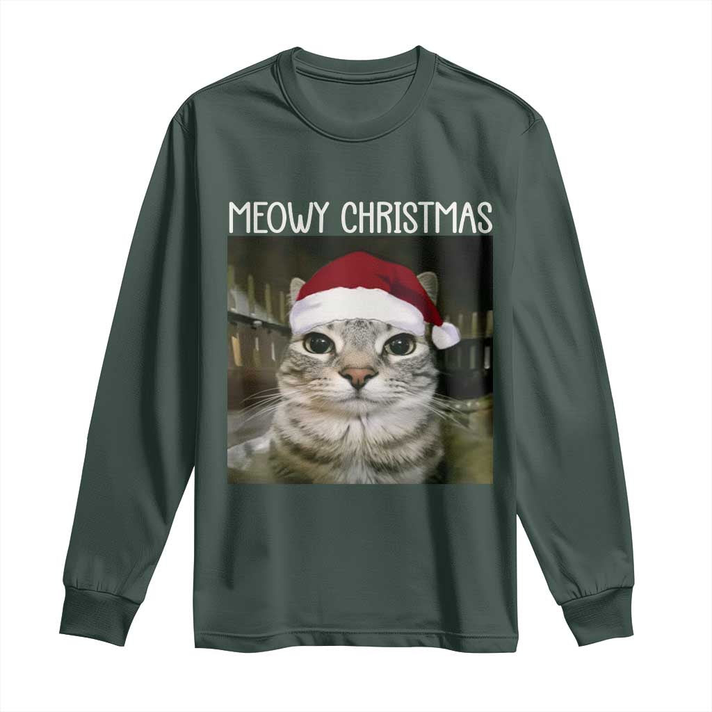 Meowy Christmas Long Sleeve Shirt Xmas Silly Staring Cat Meme Santa Hat TS10 Dark Forest Green Print Your Wear