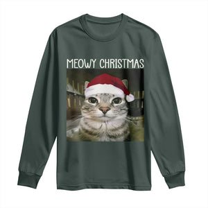 Meowy Christmas Long Sleeve Shirt Xmas Silly Staring Cat Meme Santa Hat TS10 Dark Forest Green Print Your Wear