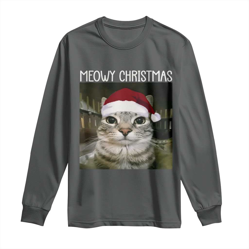 Meowy Christmas Long Sleeve Shirt Xmas Silly Staring Cat Meme Santa Hat TS10 Dark Heather Print Your Wear