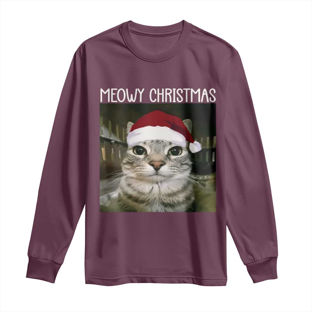 Meowy Christmas Long Sleeve Shirt Xmas Silly Staring Cat Meme Santa Hat TS10 Maroon Print Your Wear