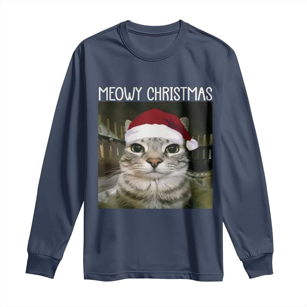 Meowy Christmas Long Sleeve Shirt Xmas Silly Staring Cat Meme Santa Hat TS10 Navy Print Your Wear