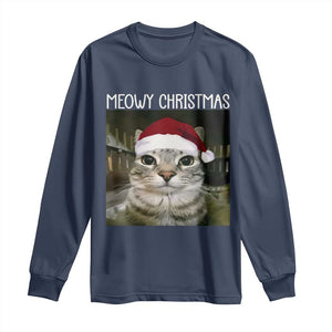 Meowy Christmas Long Sleeve Shirt Xmas Silly Staring Cat Meme Santa Hat TS10 Navy Print Your Wear