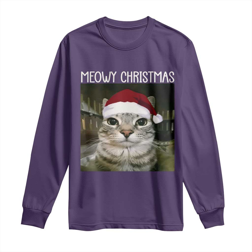 Meowy Christmas Long Sleeve Shirt Xmas Silly Staring Cat Meme Santa Hat TS10 Purple Print Your Wear