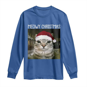 Meowy Christmas Long Sleeve Shirt Xmas Silly Staring Cat Meme Santa Hat TS10 Royal Blue Print Your Wear