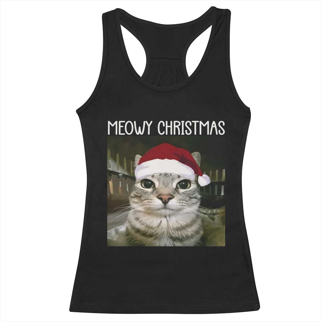 Meowy Christmas Racerback Tank Top Xmas Silly Staring Cat Meme Santa Hat TS10 Black Print Your Wear
