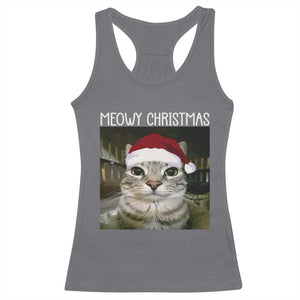 Meowy Christmas Racerback Tank Top Xmas Silly Staring Cat Meme Santa Hat TS10 Charcoal Print Your Wear