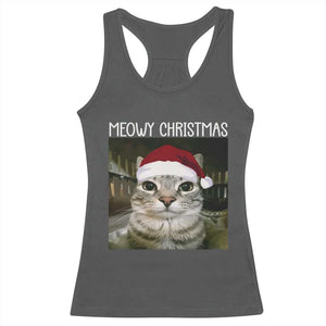 Meowy Christmas Racerback Tank Top Xmas Silly Staring Cat Meme Santa Hat TS10 Dark Heather Print Your Wear