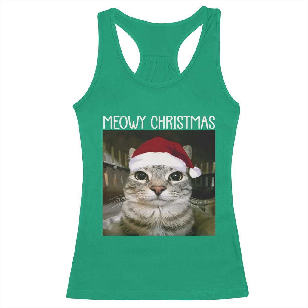 Meowy Christmas Racerback Tank Top Xmas Silly Staring Cat Meme Santa Hat TS10 Irish Green Print Your Wear