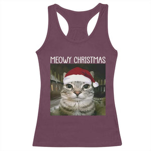 Meowy Christmas Racerback Tank Top Xmas Silly Staring Cat Meme Santa Hat TS10 Maroon Print Your Wear