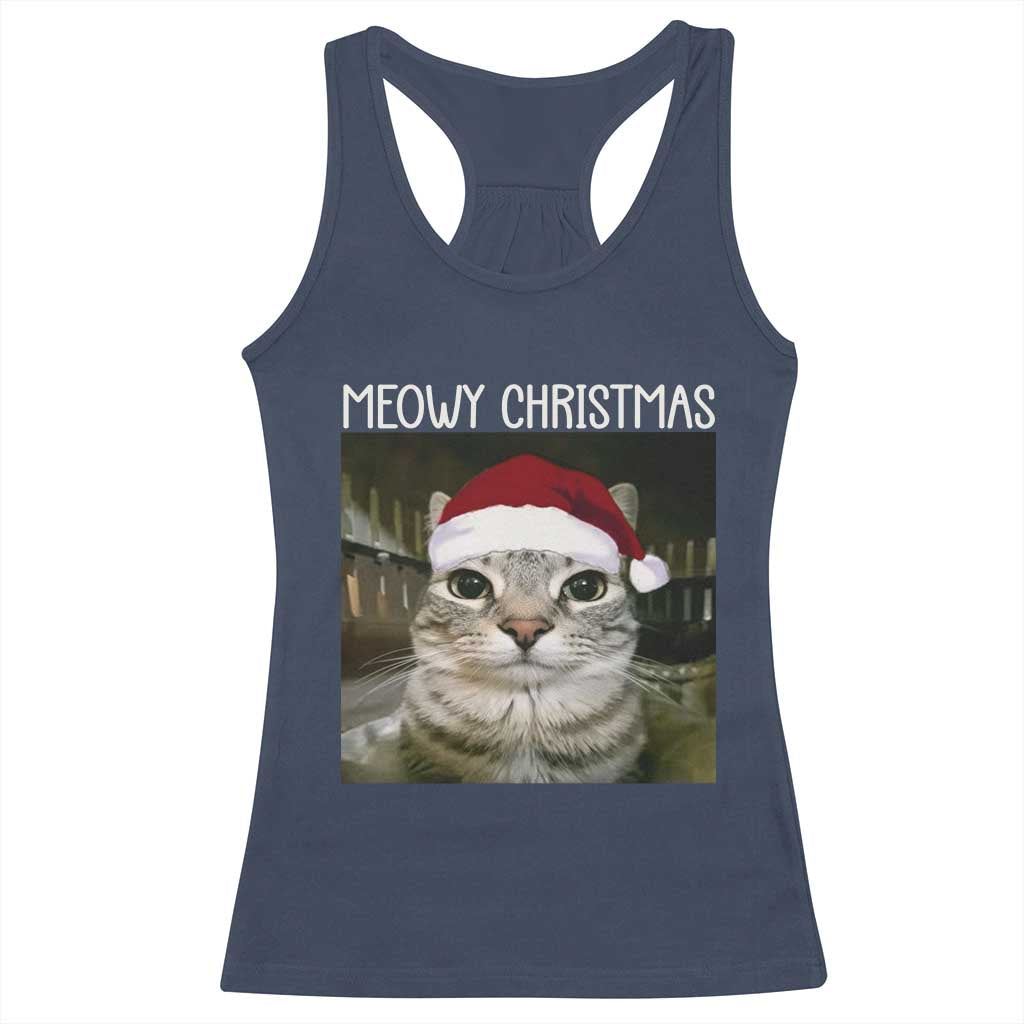 Meowy Christmas Racerback Tank Top Xmas Silly Staring Cat Meme Santa Hat TS10 Navy Print Your Wear