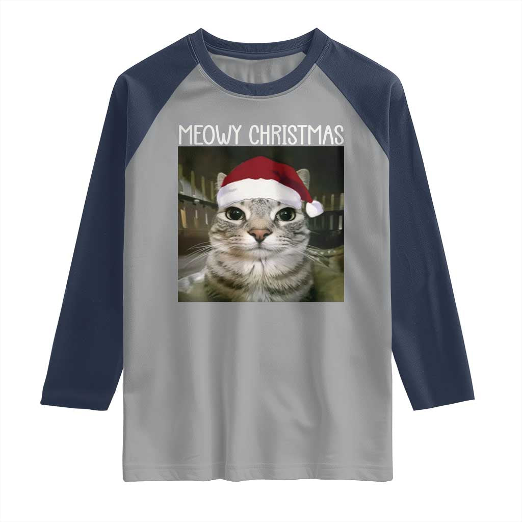 Meowy Christmas Raglan Shirt Xmas Silly Staring Cat Meme Santa Hat TS10 Sport Gray Navy Print Your Wear
