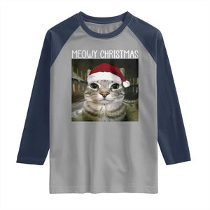 Meowy Christmas Raglan Shirt Xmas Silly Staring Cat Meme Santa Hat TS10 Sport Gray Navy Print Your Wear