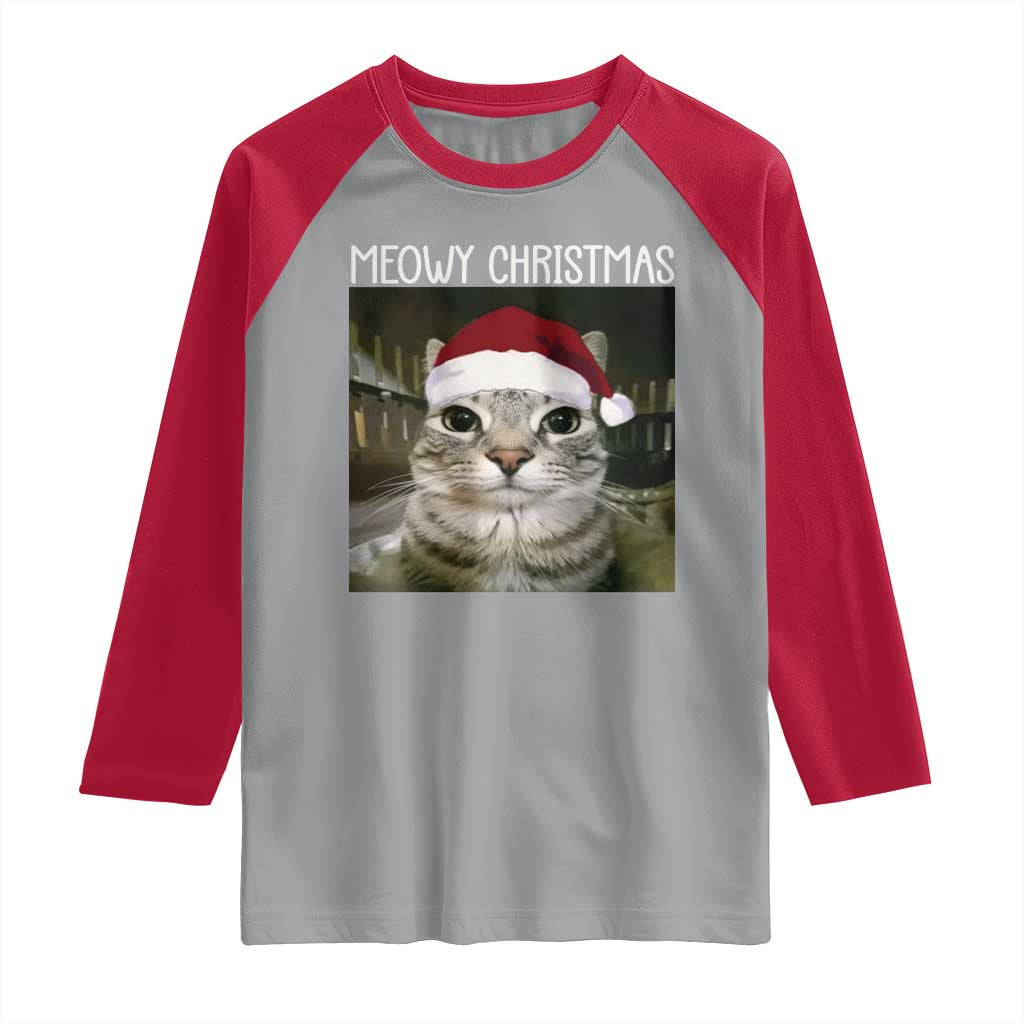Meowy Christmas Raglan Shirt Xmas Silly Staring Cat Meme Santa Hat TS10 Sport Gray Red Print Your Wear