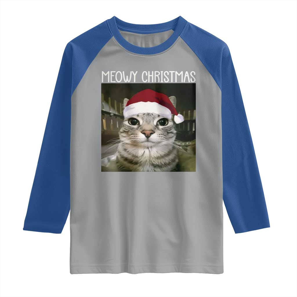 Meowy Christmas Raglan Shirt Xmas Silly Staring Cat Meme Santa Hat TS10 Sport Gray Royal Print Your Wear