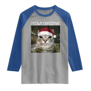 Meowy Christmas Raglan Shirt Xmas Silly Staring Cat Meme Santa Hat TS10 Sport Gray Royal Print Your Wear