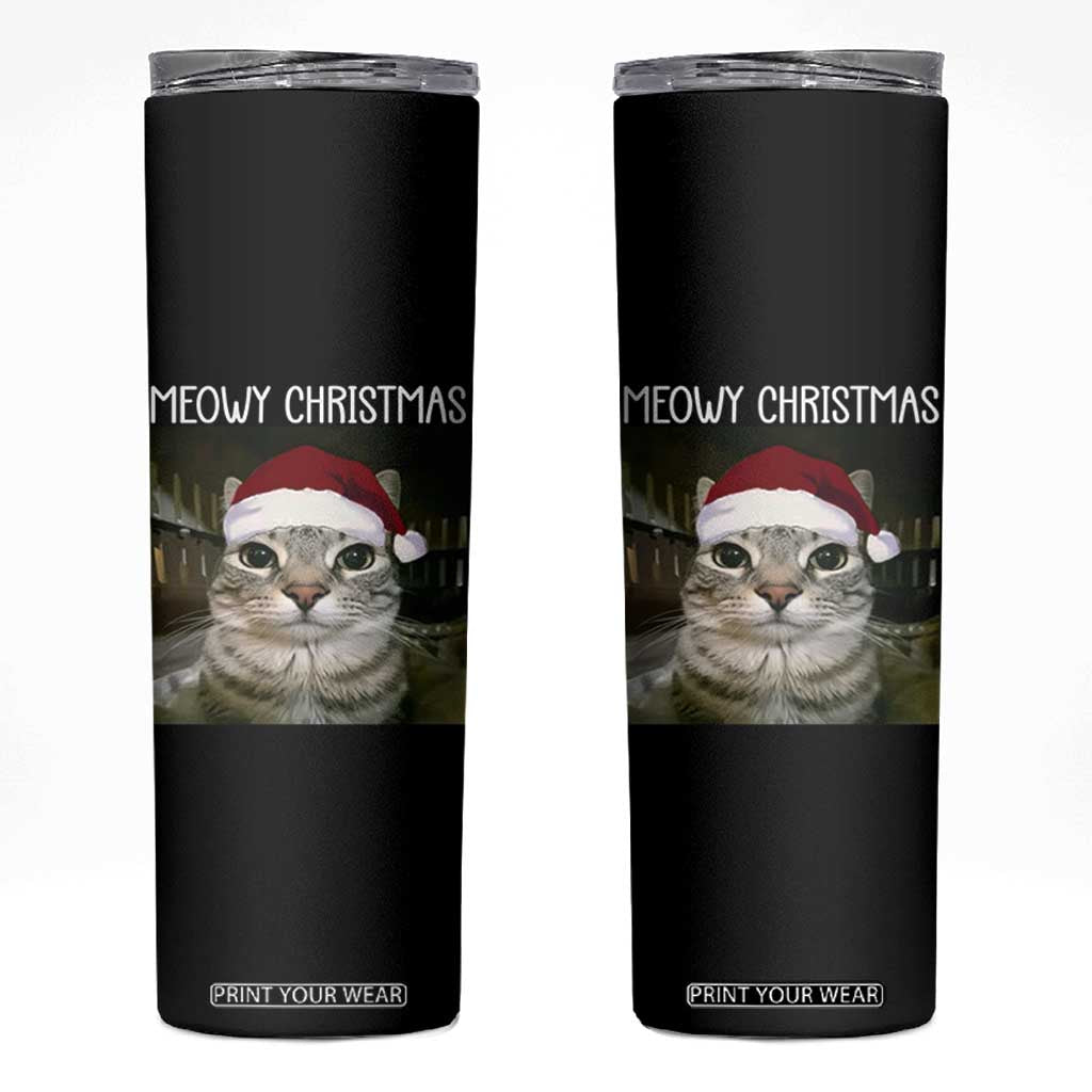 Meowy Christmas Skinny Tumbler Xmas Silly Staring Cat Meme Santa Hat TS10 Black Print Your Wear