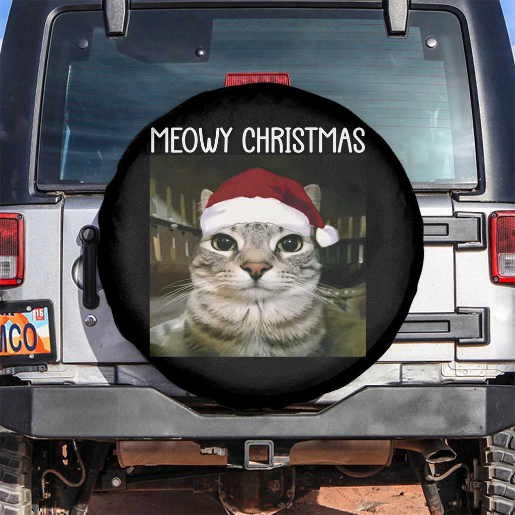 Meowy Christmas Spare Tire Cover Xmas Silly Staring Cat Meme Santa Hat TS10 No hole Black Print Your Wear