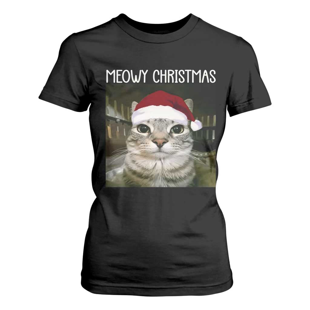 Meowy Christmas T Shirt For Women Xmas Silly Staring Cat Meme Santa Hat TS10 Black Print Your Wear