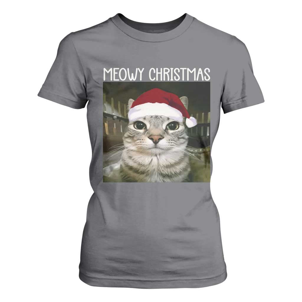 Meowy Christmas T Shirt For Women Xmas Silly Staring Cat Meme Santa Hat TS10 Charcoal Print Your Wear