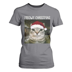 Meowy Christmas T Shirt For Women Xmas Silly Staring Cat Meme Santa Hat TS10 Charcoal Print Your Wear