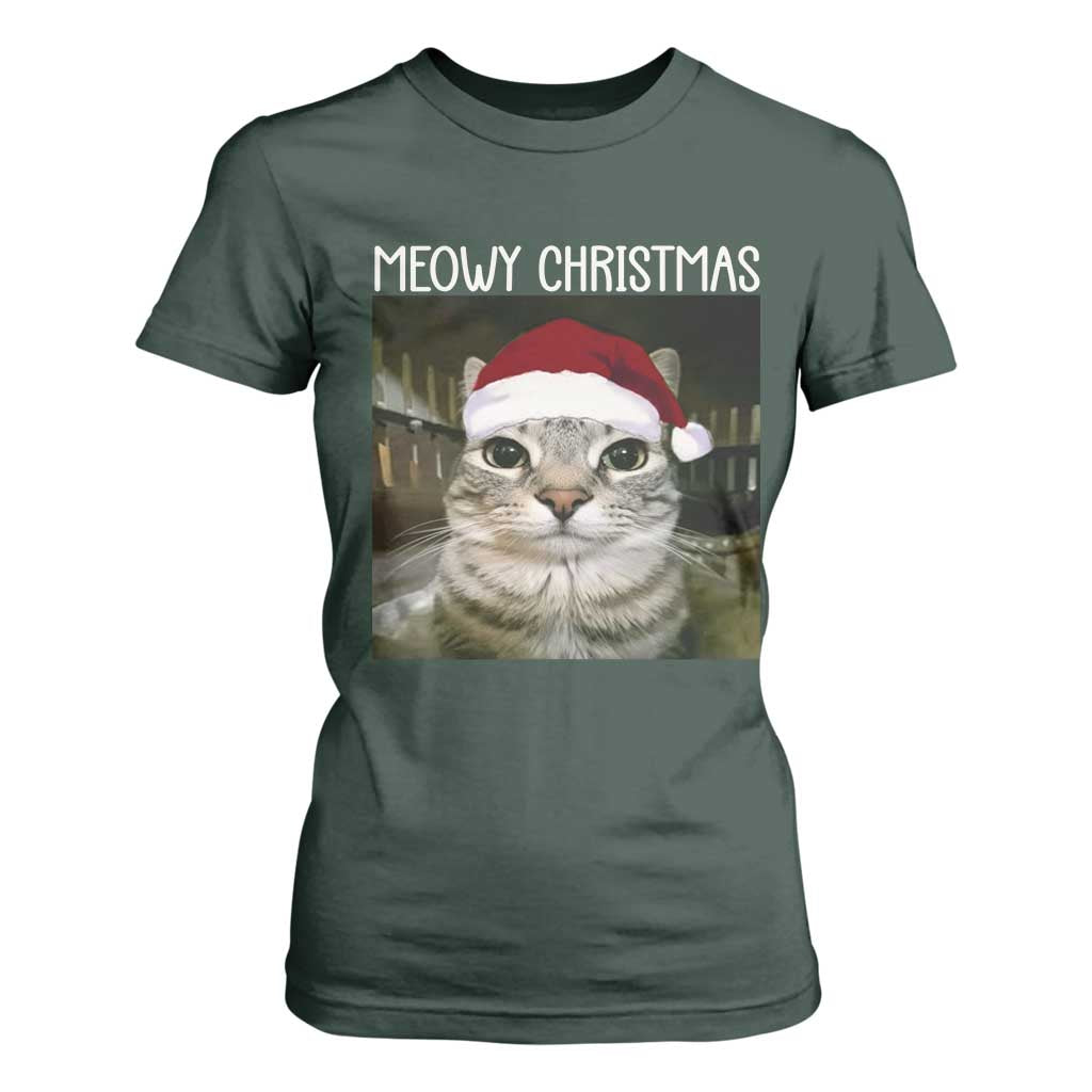 Meowy Christmas T Shirt For Women Xmas Silly Staring Cat Meme Santa Hat TS10 Dark Forest Green Print Your Wear