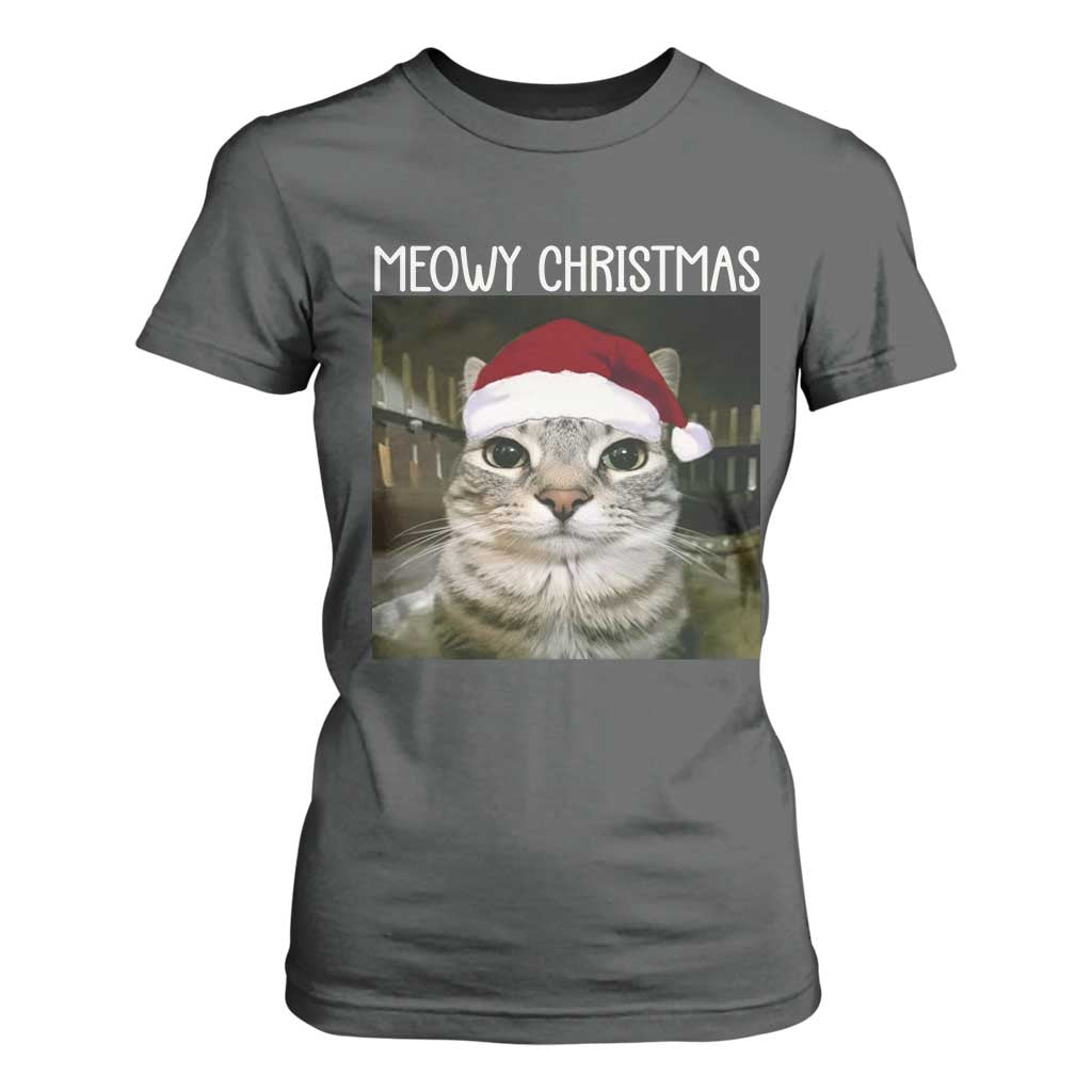 Meowy Christmas T Shirt For Women Xmas Silly Staring Cat Meme Santa Hat TS10 Dark Heather Print Your Wear