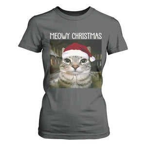Meowy Christmas T Shirt For Women Xmas Silly Staring Cat Meme Santa Hat TS10 Dark Heather Print Your Wear