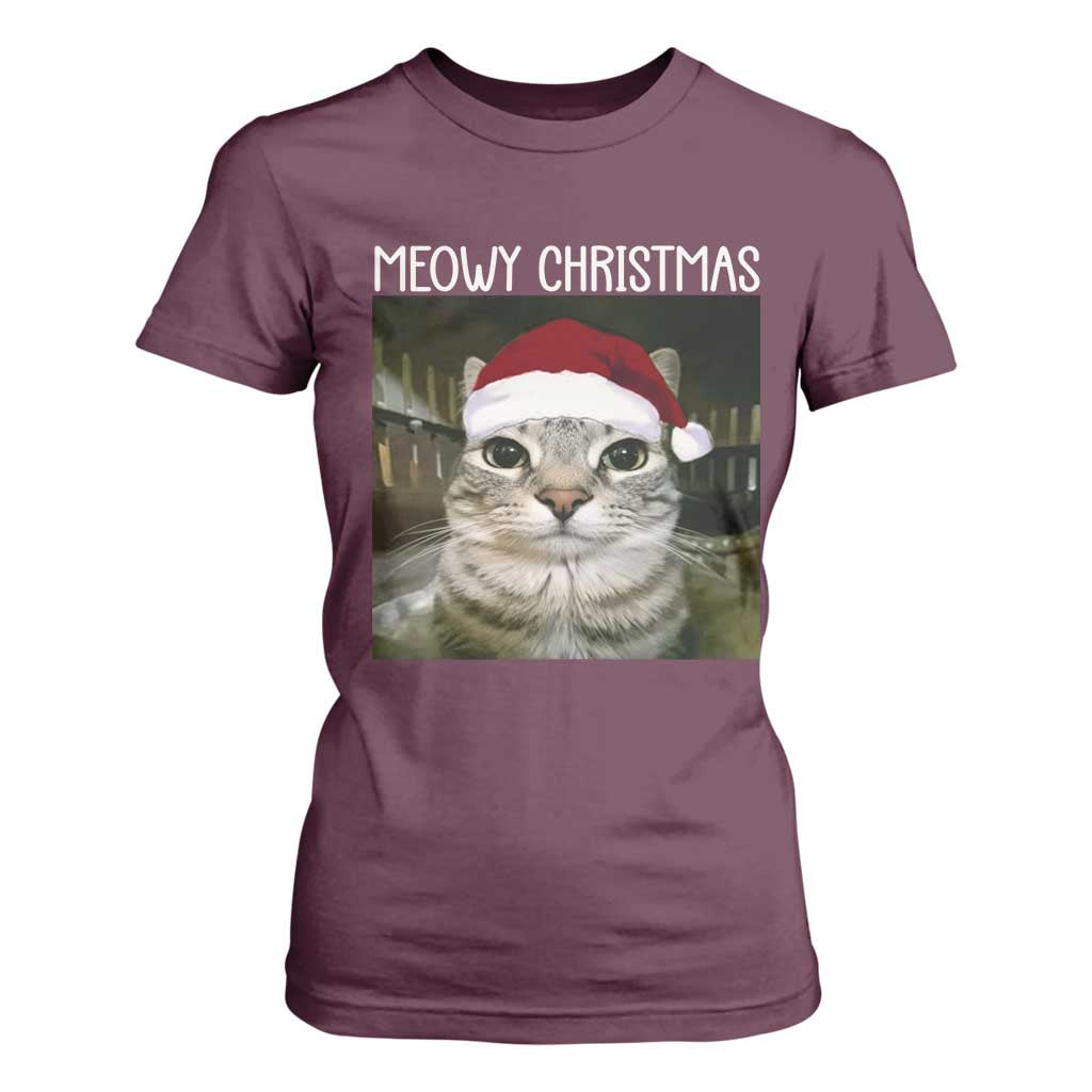 Meowy Christmas T Shirt For Women Xmas Silly Staring Cat Meme Santa Hat TS10 Maroon Print Your Wear