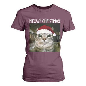 Meowy Christmas T Shirt For Women Xmas Silly Staring Cat Meme Santa Hat TS10 Maroon Print Your Wear