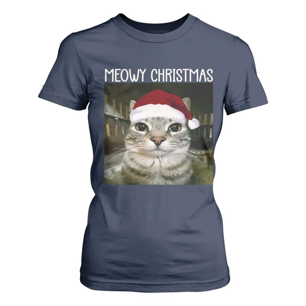Meowy Christmas T Shirt For Women Xmas Silly Staring Cat Meme Santa Hat TS10 Navy Print Your Wear