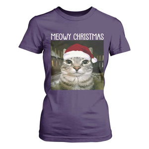 Meowy Christmas T Shirt For Women Xmas Silly Staring Cat Meme Santa Hat TS10 Purple Print Your Wear