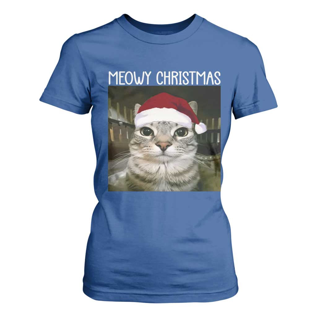 Meowy Christmas T Shirt For Women Xmas Silly Staring Cat Meme Santa Hat TS10 Royal Blue Print Your Wear