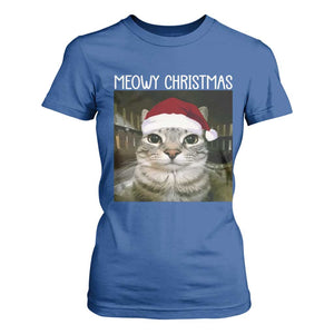 Meowy Christmas T Shirt For Women Xmas Silly Staring Cat Meme Santa Hat TS10 Royal Blue Print Your Wear