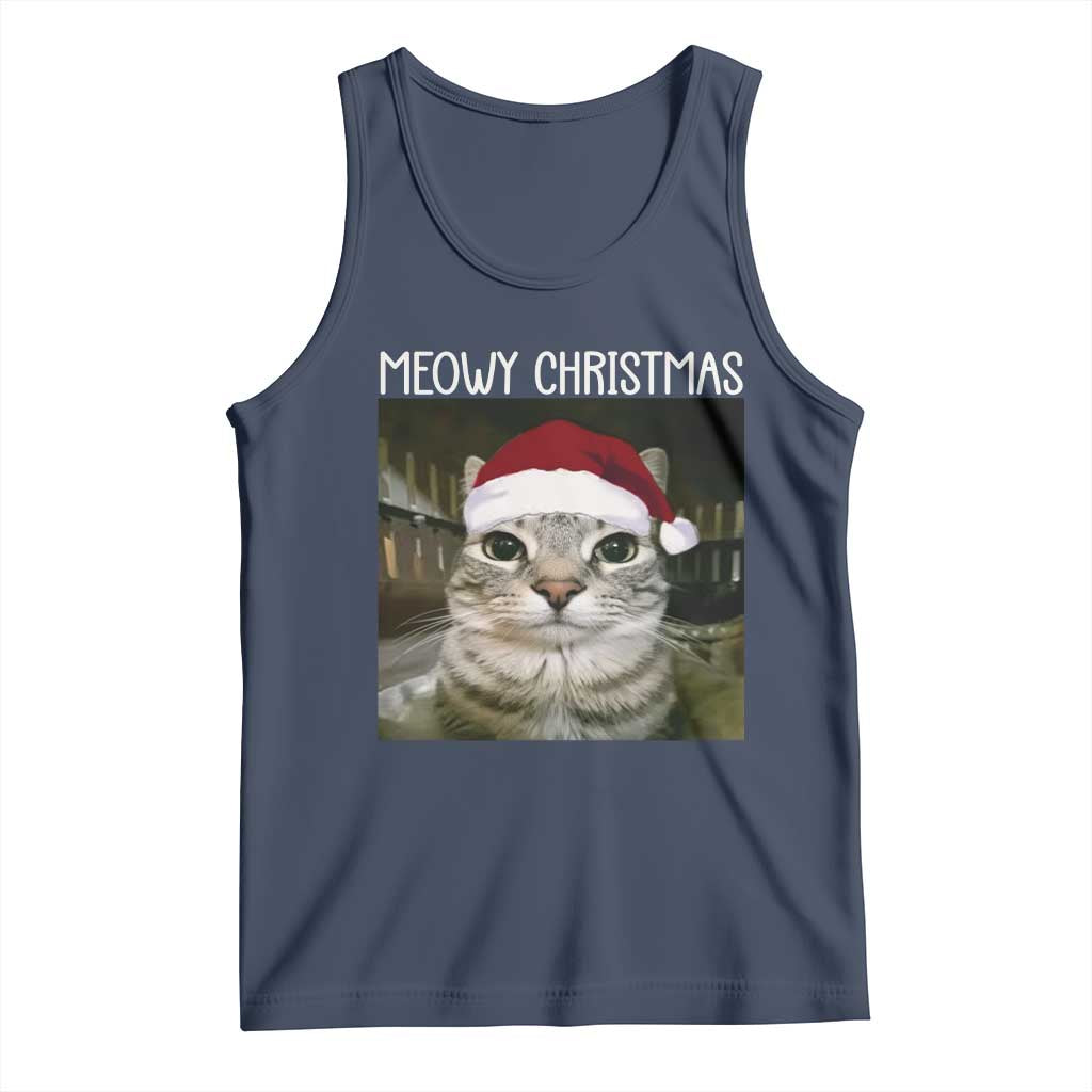 Meowy Christmas Tank Top Xmas Silly Staring Cat Meme Santa Hat TS10 Navy Print Your Wear