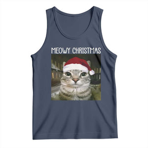 Meowy Christmas Tank Top Xmas Silly Staring Cat Meme Santa Hat TS10 Navy Print Your Wear