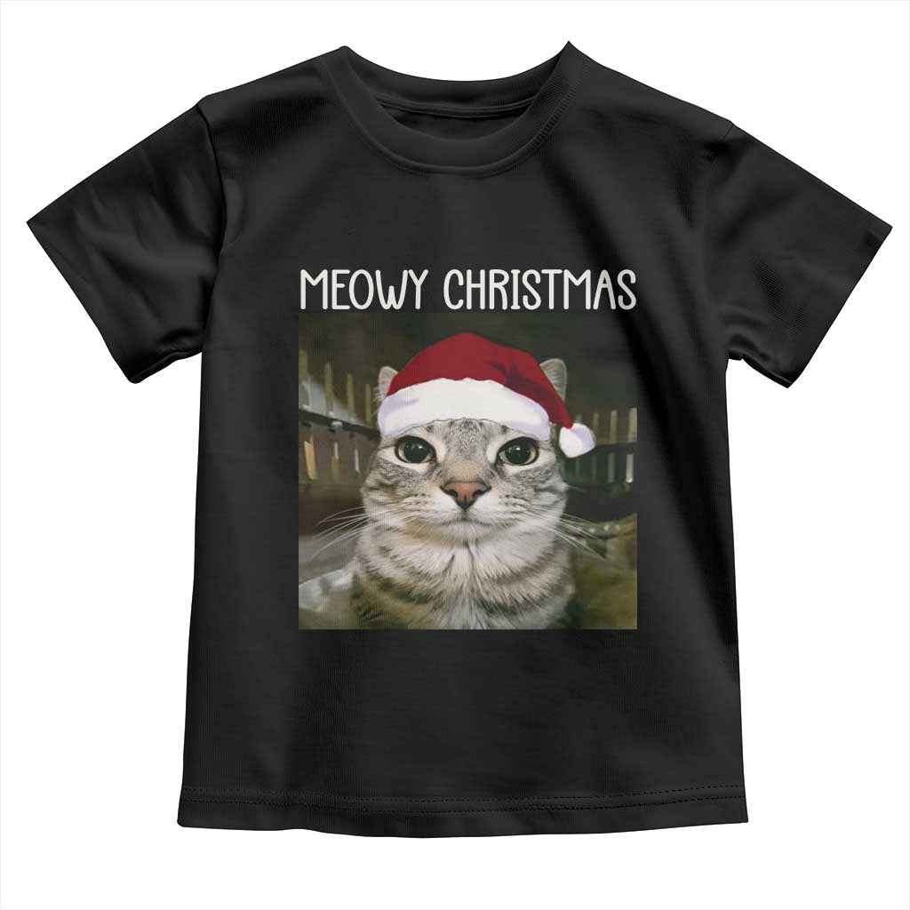 Meowy Christmas Toddler T Shirt Xmas Silly Staring Cat Meme Santa Hat TS10 Black Print Your Wear