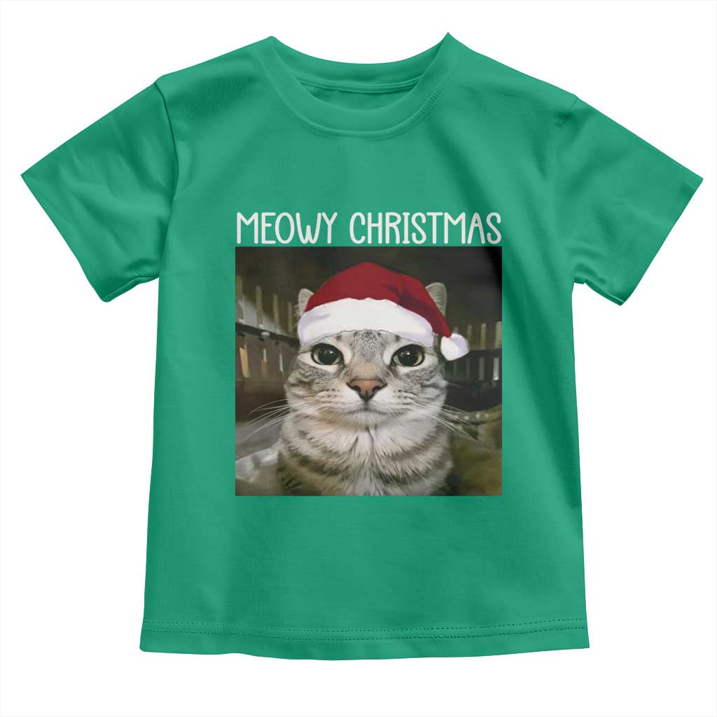 Meowy Christmas Toddler T Shirt Xmas Silly Staring Cat Meme Santa Hat TS10 Irish Green Print Your Wear