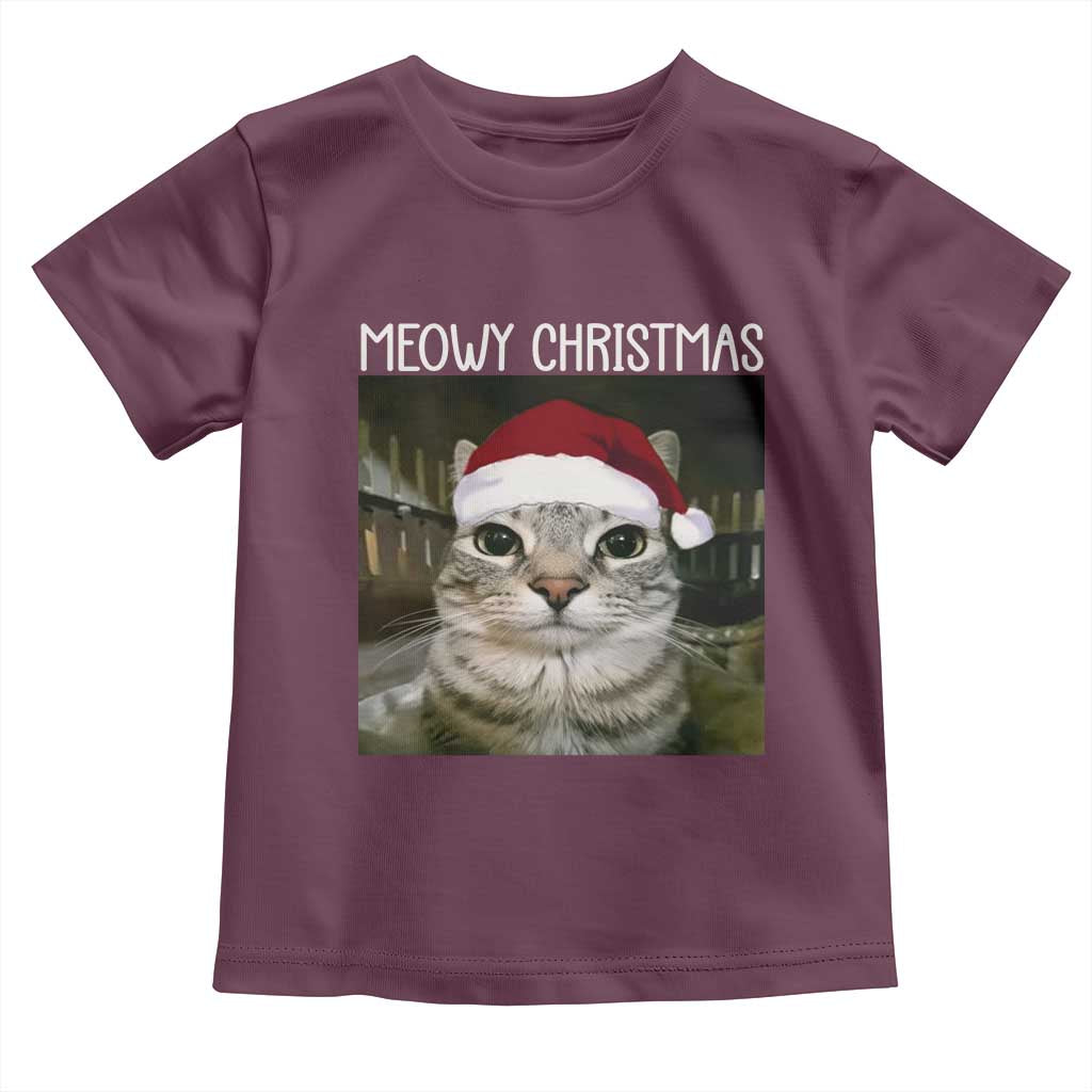 Meowy Christmas Toddler T Shirt Xmas Silly Staring Cat Meme Santa Hat TS10 Maroon Print Your Wear