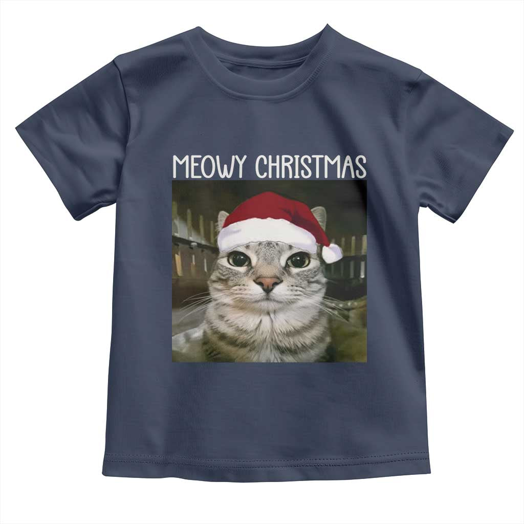Meowy Christmas Toddler T Shirt Xmas Silly Staring Cat Meme Santa Hat TS10 Navy Print Your Wear