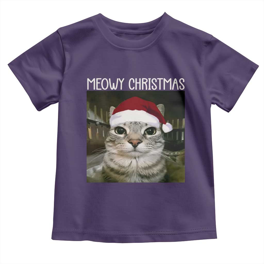 Meowy Christmas Toddler T Shirt Xmas Silly Staring Cat Meme Santa Hat TS10 Purple Print Your Wear