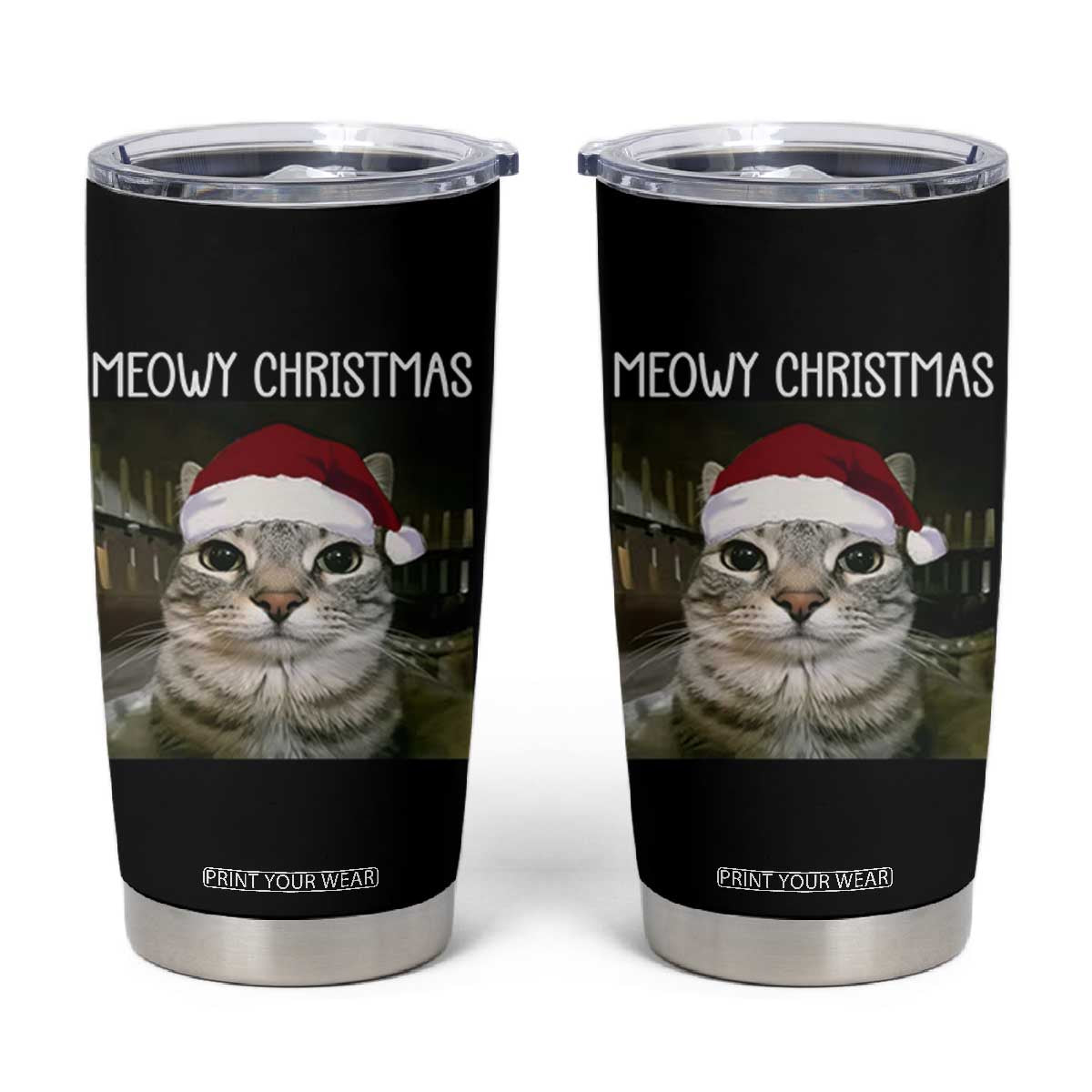 Meowy Christmas Tumbler Cup Xmas Silly Staring Cat Meme Santa Hat TS10 Black Print Your Wear
