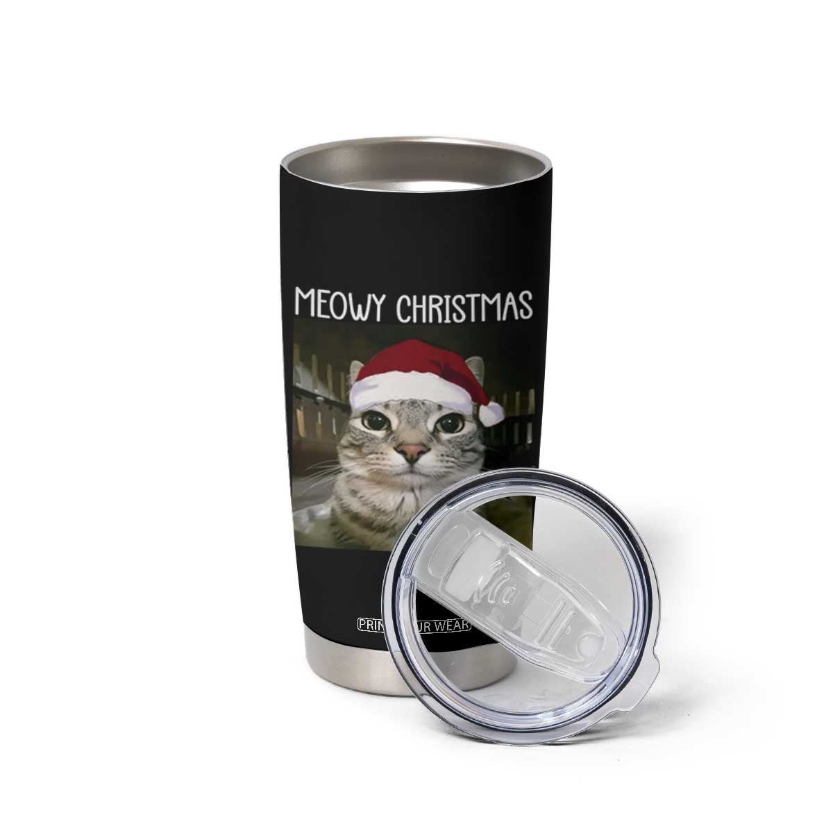 Meowy Christmas Tumbler Cup Xmas Silly Staring Cat Meme Santa Hat TS10 Print Your Wear