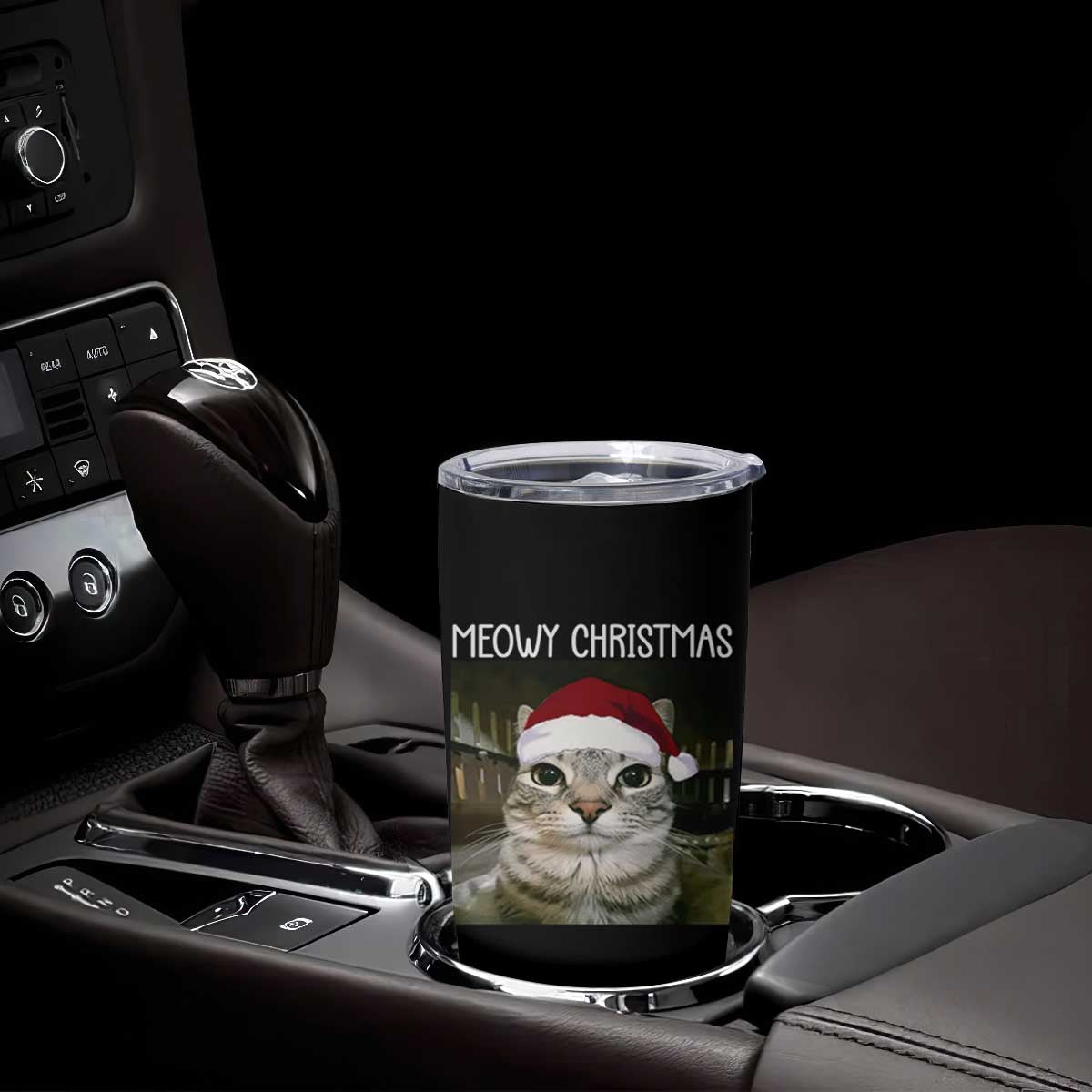 Meowy Christmas Tumbler Cup Xmas Silly Staring Cat Meme Santa Hat TS10 Print Your Wear