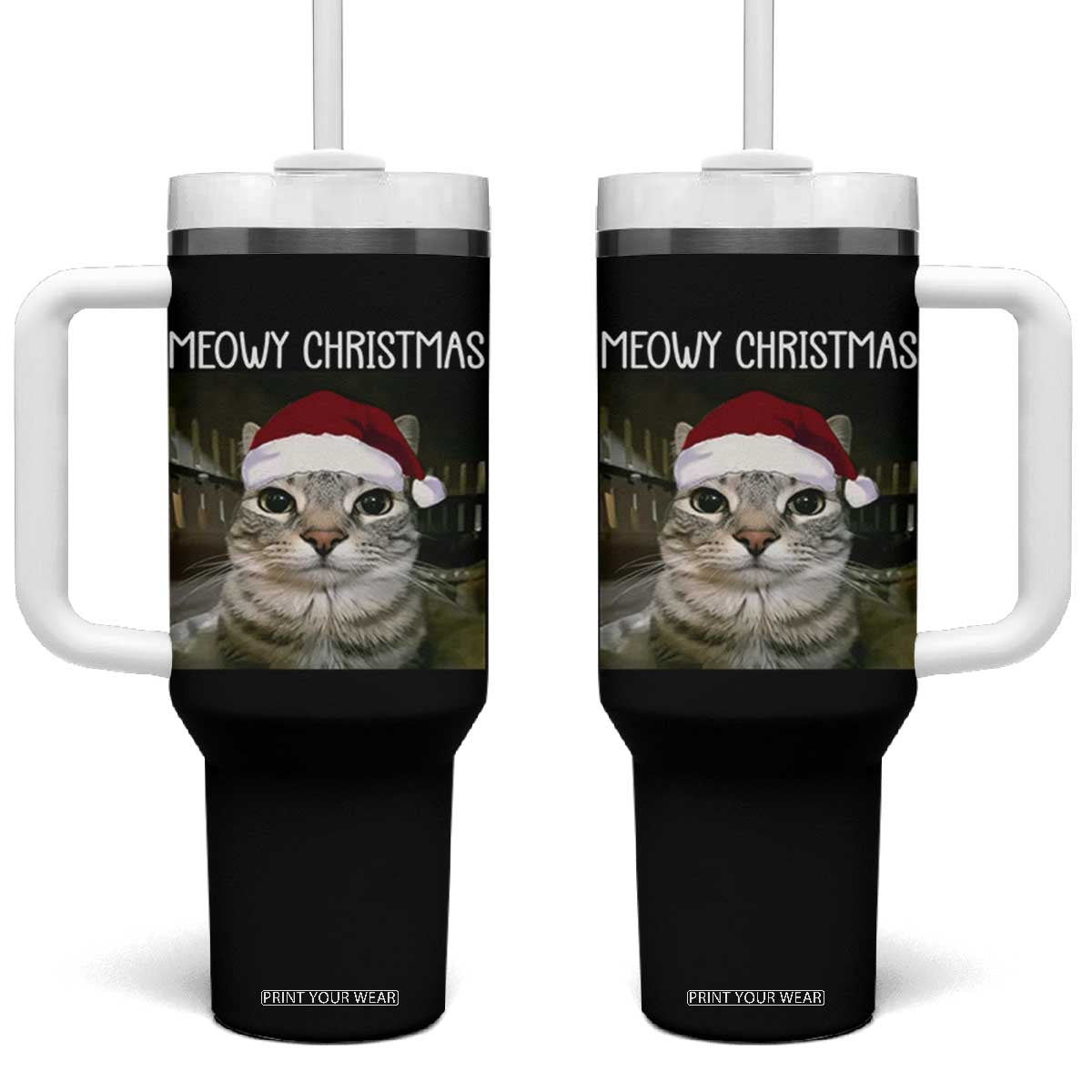 Meowy Christmas Tumbler With Handle Xmas Silly Staring Cat Meme Santa Hat TS10 One Size: 40 oz Black Print Your Wear